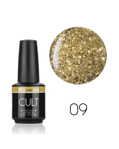 Złoty Brokat CULT Lakier Hybrydowy 15 ml Golden Cover 09 – Błyszcząca Elegancja i Perfekcyjna Trwałość