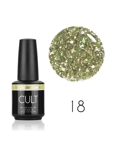 Srebro Złoto Brokat Lakier Hybrydowy CULT 15 ml Golden Luster 18 – Blask Elegancji dla Twojego Manicure