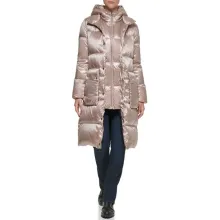 Długa damska kurtka puchowa z kapturem Karl Lagerfeld Paris XS – beżowa, elegancka, zimowa