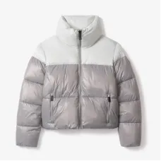 Krótka damska kurtka puchowa Noize Lotte Cropped Puffer S z pluszowym kołnierzem – szaro-beżowa