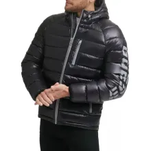 Męska kurtka puchowa Guess LOGO S – czarna, pikowana, z logo i kapturem